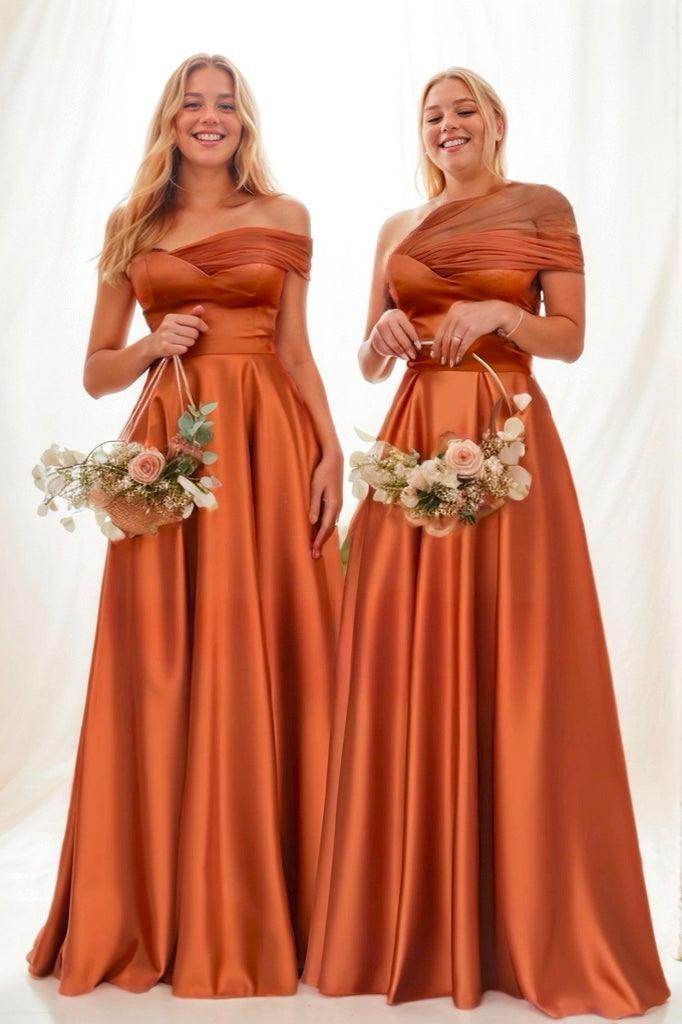 One-Shoulder Satin A-Line Bridesmaid Dress in Copper CB0802 - COCOMELODY